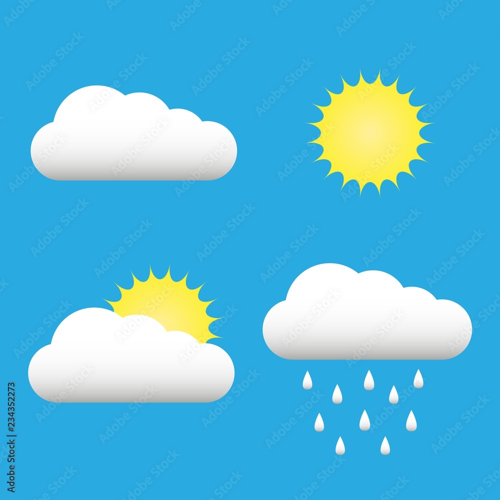 Clouds and sun icons set. Cloud, sun, cloud rain symbols on blue sky Vector. Collection of Cloud, rain, sun logo template. For Weather forecast interface design. Season banners. Clouds and sun icons set. Cloud, sun, cloud rain symbols on blue sky Vector. Collection of Cloud, rain, sun logo template. For Weather forecast interface design. Season banners.