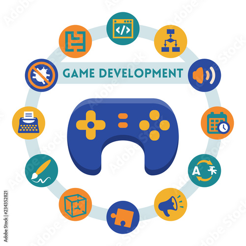 Game development related vector infographic, flat style