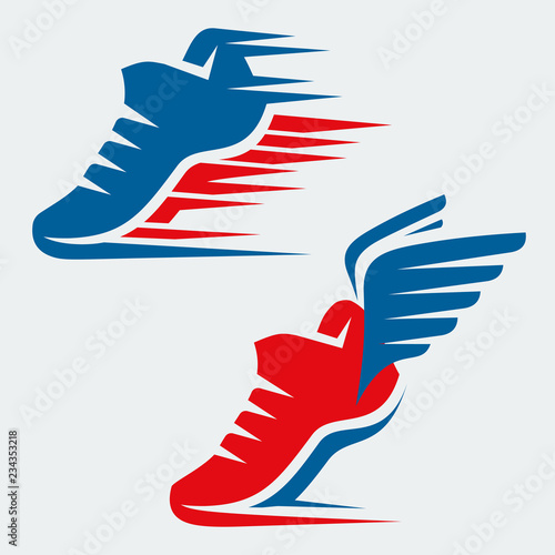Running shoes with speed and motion trails and with wings