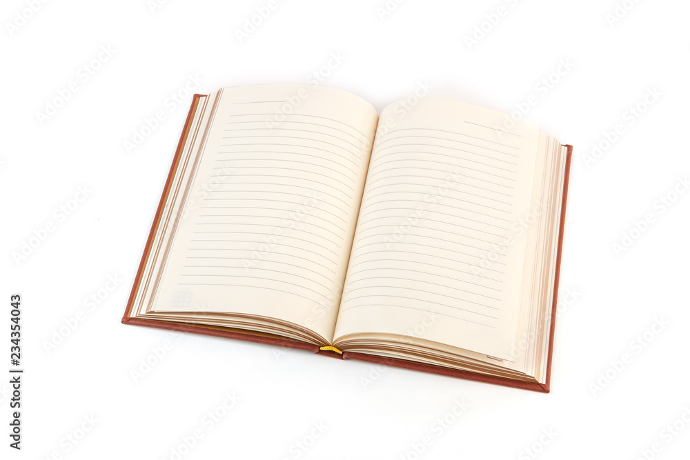An open notebook with blank pages in a brown hard cover on a white isolated background