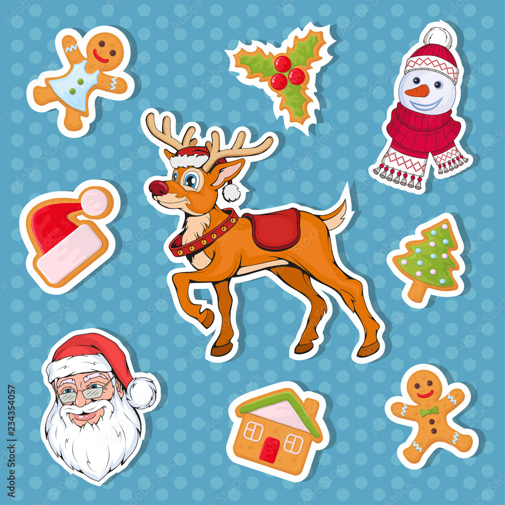 Christmas sticker. Set of different sticker for christmas. New Year. Different new year characters. Colorful cartoon sticker. New Year characters of Christmas sticker. Christmas design element.