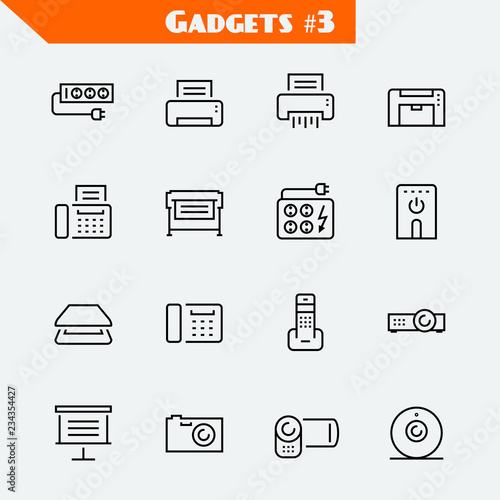 Peripheral devices and gadgets icon set: surge suppressor, printer, shredder, multifunction device, fax, plotter, UPS, scanner, phone, projector, screen, photo camera, video camera, web camera