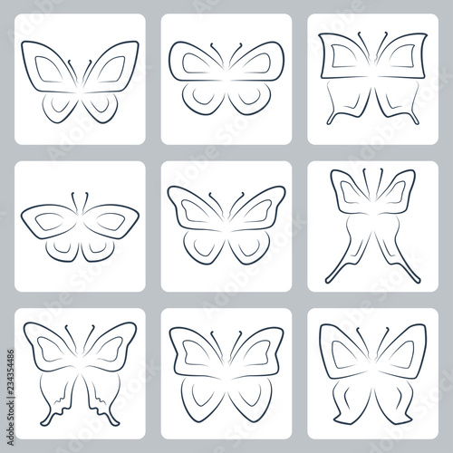 Vector isolated butterflies icons set, thin line or outline style