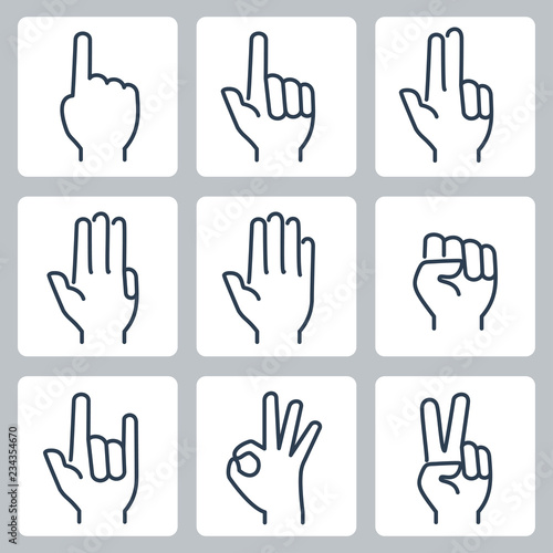 Vector hands icons set: finger counting, stop gesture, fist, devil horns gesture, okay gesture, v sign