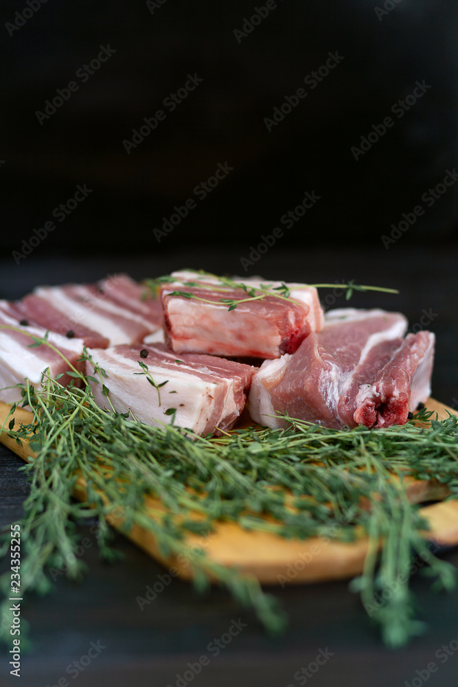 Fresh pork ribs, cut into pieces with herbs and spices