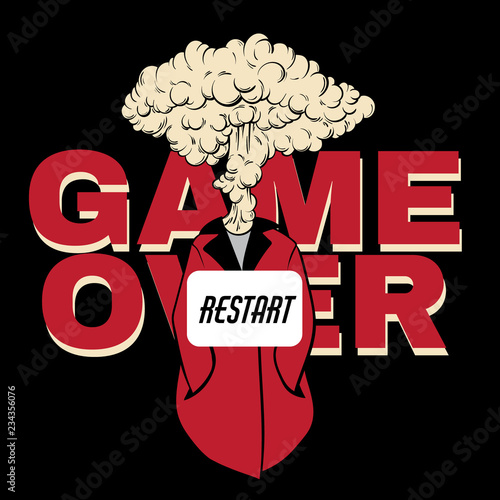 Game over. Vector hand drawn placard with creative illustration with explosion isolated. Colorful template for card, poster, banner, print for t-shirt, pin, badge and patch.