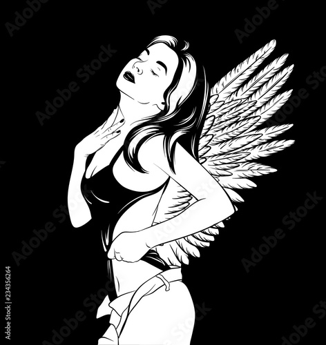 Vector hand drawn illustration of young beautiful woman. Realistic portrait of pretty girl in swimsuit with wings. Template for card, poster, banner, print for t-shirt, label, textiles.