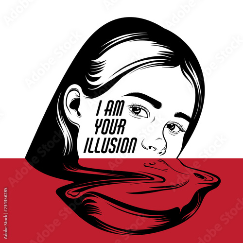 Vector hand drawn illustration of girl in surrealistic style. Tattoo artwork. Template for card, poster, banner, print for t-shirt, pin, badge and patch.