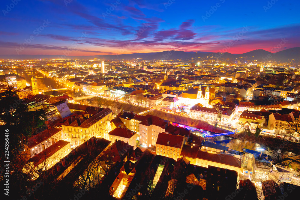 Graz cityscape evening colorful aerial view