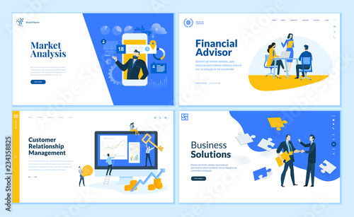 Set of flat design web page templates of market analysis, business solution, financial advisor, customer relationship . Modern vector illustration concepts for website and mobile website development. 