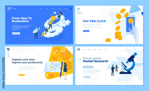 Set of flat design web page templates of startup, development process, market research, pay per click, time management. Modern vector illustration concepts for website and mobile website development. 