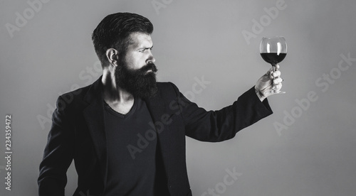 Sommelier, degustator with glass of wine, winery, male winemaker. Man holding glass of champagne in hand. Man with a glass of red wine in his hands. Beard man, bearded, sommelier tasting red wine. photo