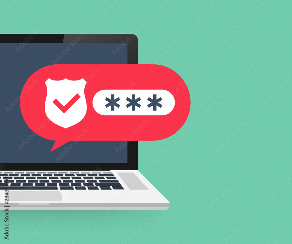 Laptop with unlocked password bubble notification, flat cartoon design