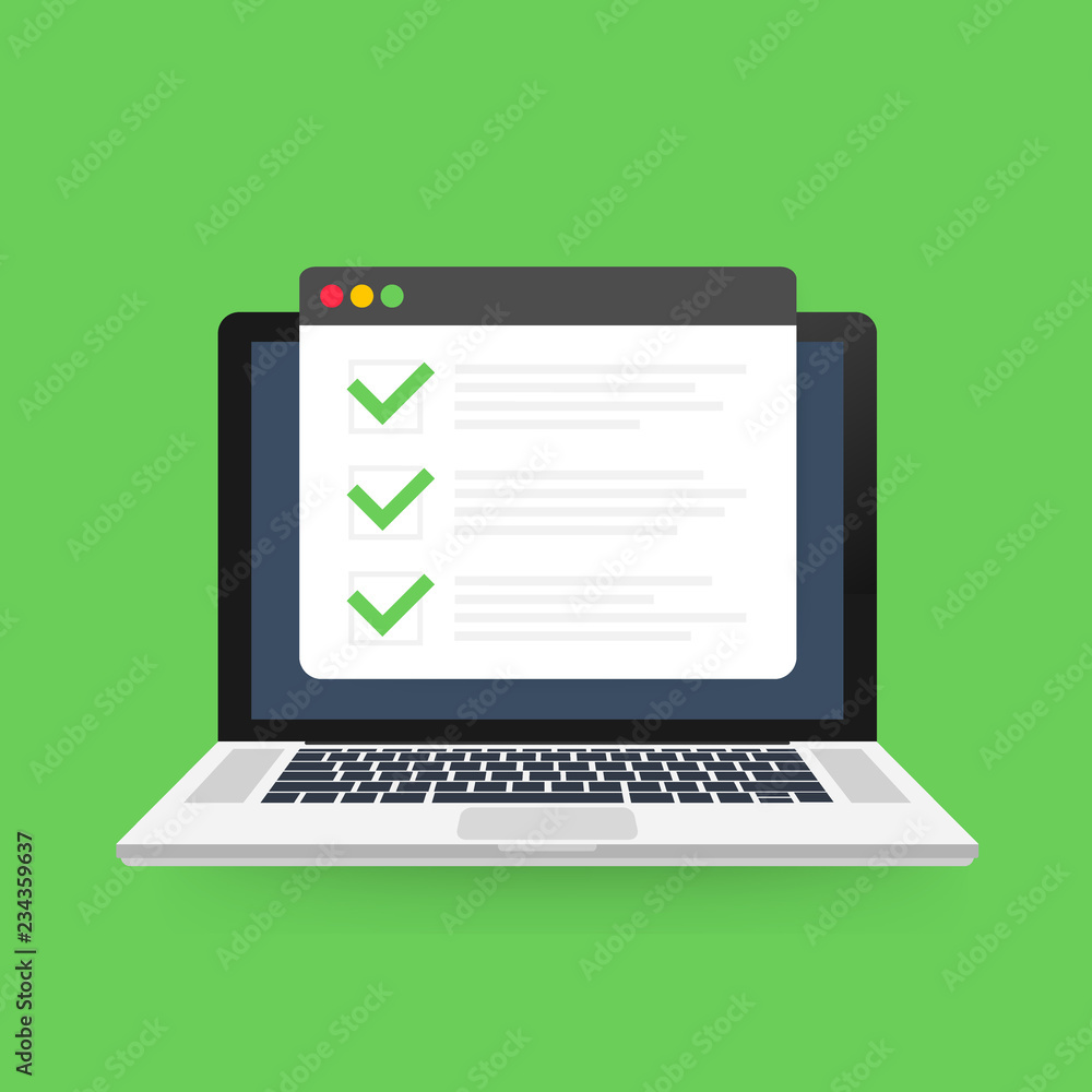 Checklist browser window. Check mark. White tick on laptop screen. Choice, survey concepts. Vector illustration. Checklist browser window. Check mark. White tick on laptop screen. Choice, survey concepts. Vector illustration.