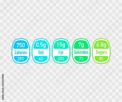 Nutrition facts vector package labels with calories and ingredient information. Illustration of daily nutritional ingredient and calories.