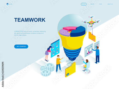 Modern flat design isometric concept of Teamwork decorated people character for website and mobile website development. Isometric landing page template. Vector illustration.