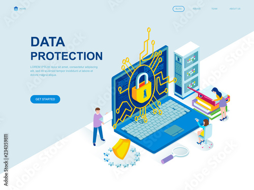 Modern flat design isometric concept of Data Protection decorated people character for website and mobile website development. Isometric landing page template. Vector illustration.