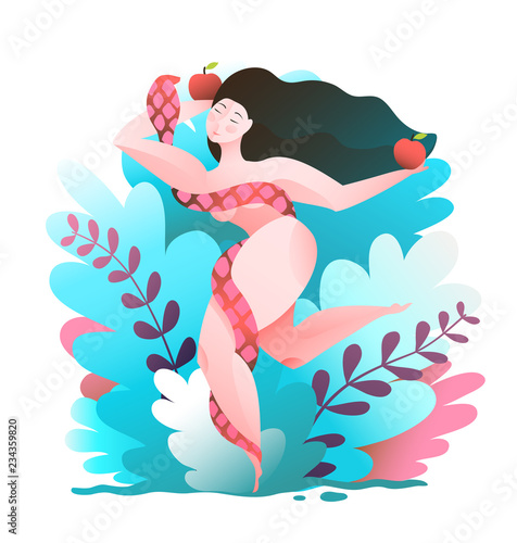 Woman in paradise garden with snake and apple