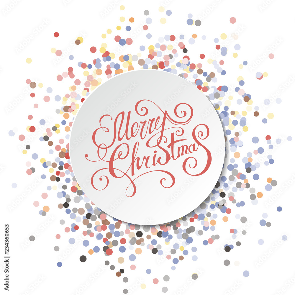Round frame on festive Circular colorful Confetti Background. 3D shadow style. Eps-8 Elegant christmas lettering Merry christmas Round frame on festive Circular colorful Confetti Background. 3D shadow style. Eps-8 Elegant christmas lettering Merry christmas