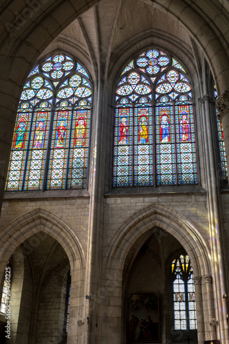  Colorful stained glass windows in Basilique Saint-Urbain, 13th century gothic church in Troyes, France