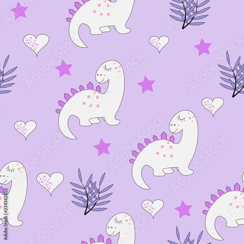 Fototapeta Naklejka Na Ścianę i Meble -  Funny baby dinosaur seamless pattern on the purple background. Baby cloth design, wallpaper, wrapping. Vector illustration.