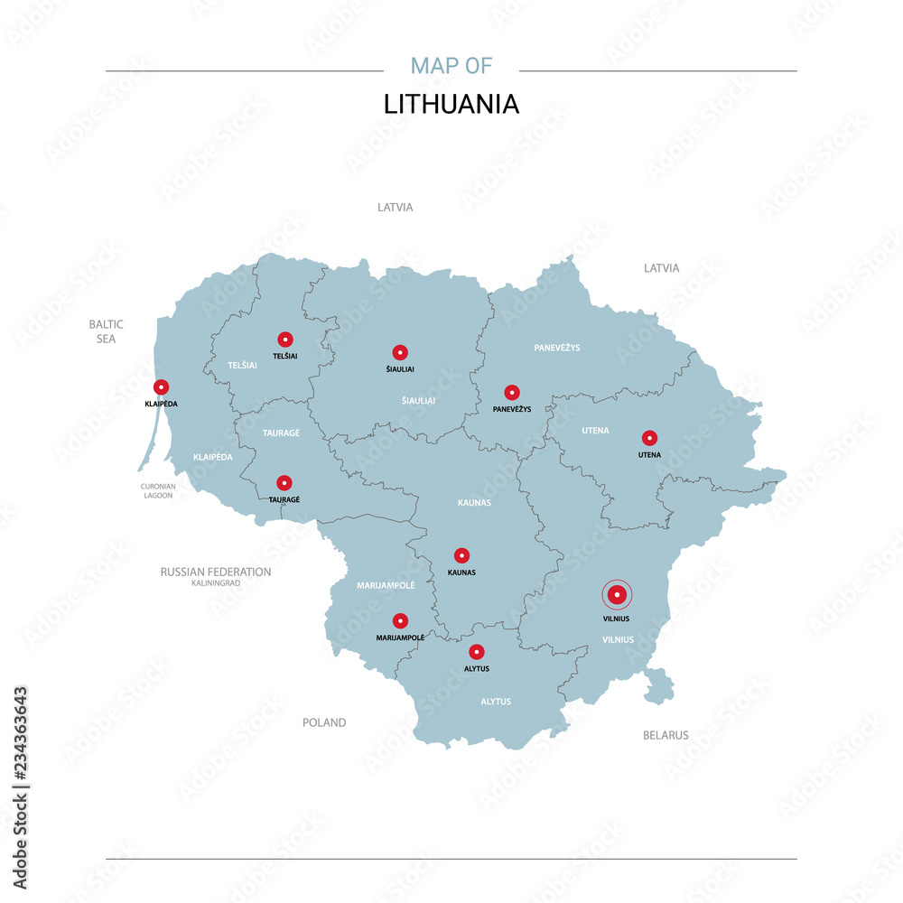 Lithuania vector map. Editable template with regions, cities, red pins and blue surface on white background. 