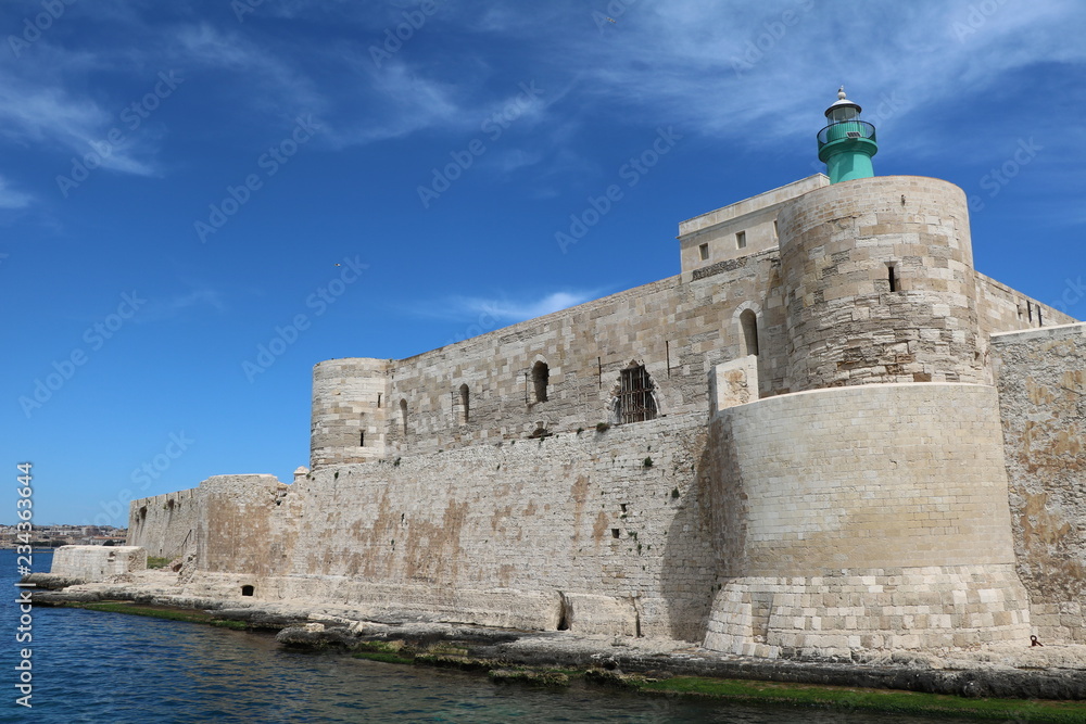 View from Mediterranean Sea to Castello Maniace in Ortigia Syracuse, Sicily Italy
