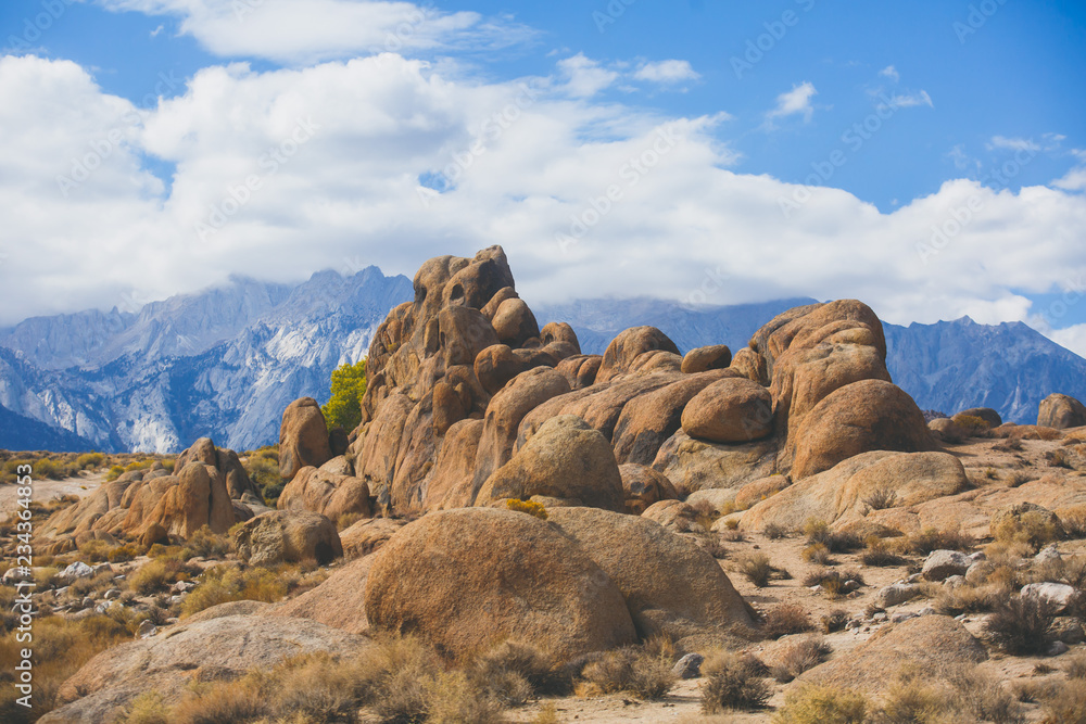 View of Alabama Hills, famous filming location rock formations near the eastern slope of Sierra Nevada, Owens Valley, west of Lone Pine in Inyo County, Inyo National Forest, California, United States.