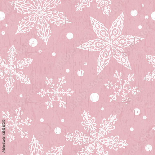 Gentle winter background with snowflakes. Faded winter patterns. White snowflakes on a pink background. Eps 10 vector