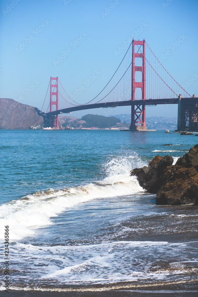 Classic panoramic view of famous Golden Gate Bridge seen from Baker Beach in beautiful summer sunny day with blue sky, San Francisco, California, USA Classic panoramic view of famous Golden Gate Bridge seen from Baker Beach in beautiful summer sunny day with blue sky, San Francisco, California, USA