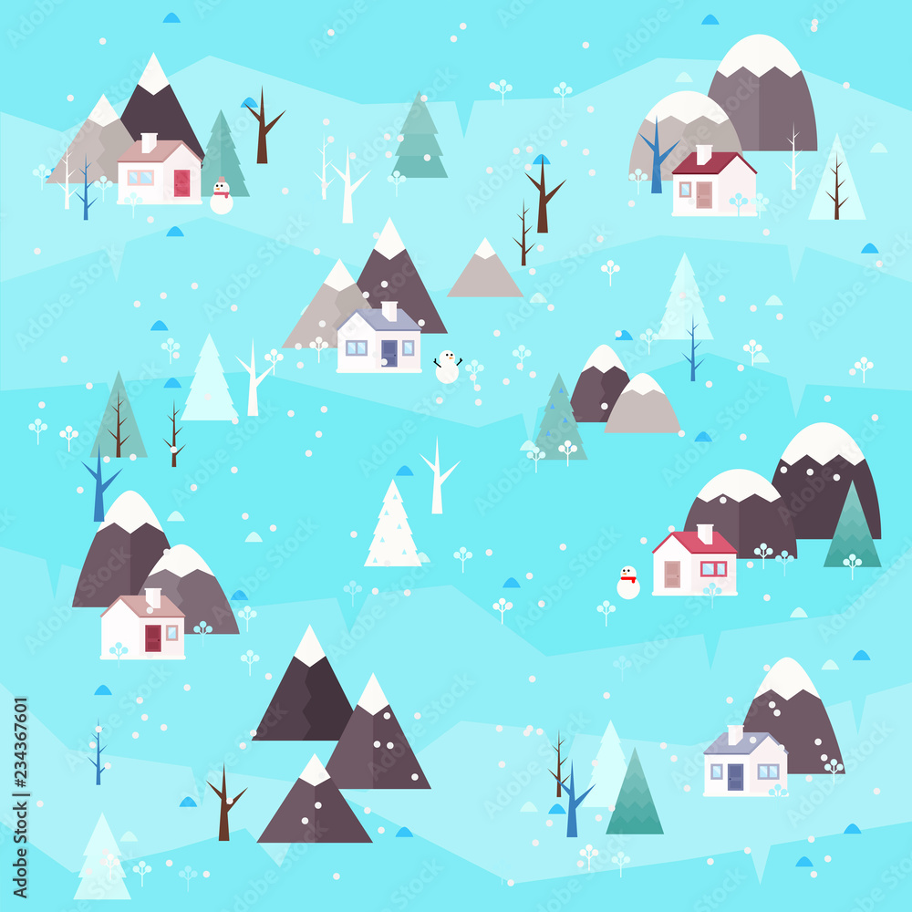 Winter landscape background with cottage.