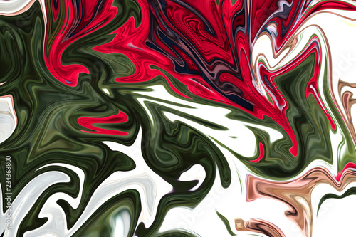 Liquify Abstract Pattern With Grey, Red, Green, Yellow And White Graphics Color Art Form. Digital Background With Liquifying Flow.