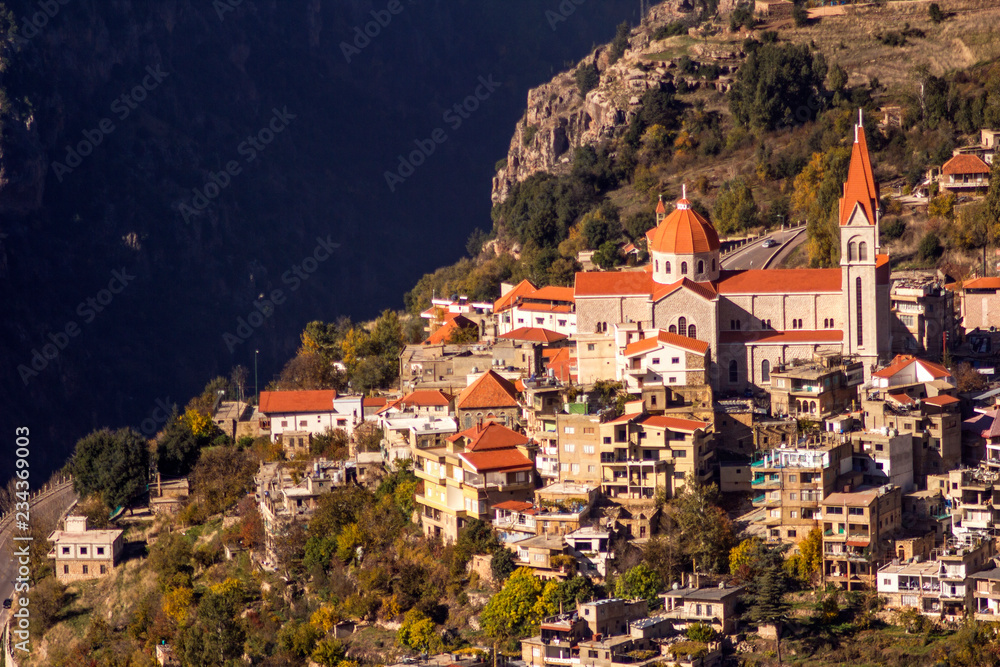 A view of Bcharre, a town in Lebanon high in the mountains on the edge of the Qadisha Gorge. Bcharre, Lebanon