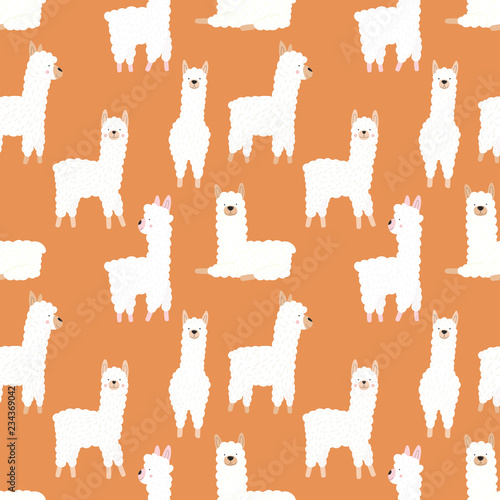 Seamless pattern of funny hand-drawn white llamas or alpacas on an orange background. Illustration for children, room, textile, clothes, cards, wrapping paper.