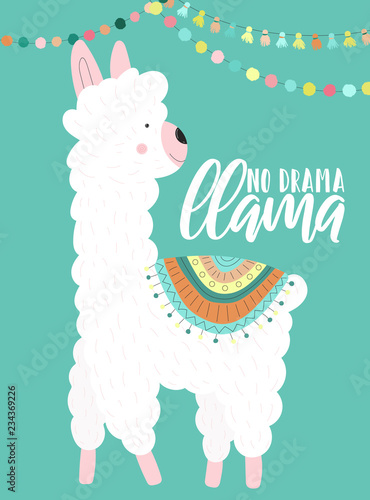 Vector illustration of a cute white alpaca in clothes with national motives  decorations with an inscription No drama llama on a blue background. Image for children  cards  invitation  print  textiles