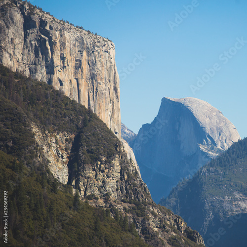 Beautiful summer view of Yosemite Valley , with El Capitan mountain, Half Dome mountain, Bridalveil waterfall, seen from Tunnel View vista point, Yosemite National Park, California, USA © tsuguliev