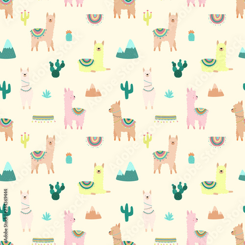 Seamless pattern of cute multicolored llamas or alpacas, mountains, cacti on a light background. Image for children, room, textile, clothes, cards, wrapping paper. Hand-drawn illustration.