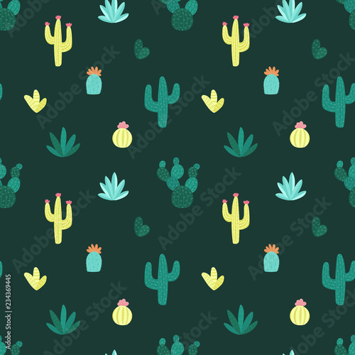 Seamless pattern of hand-drawn multicolored cacti with flowers and prickles on a dark green background. Illustration for children, room, textile, clothes, cards, wrapping paper.