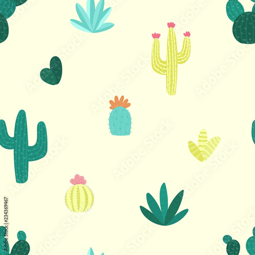 Seamless pattern of hand-drawn multicolored cacti with flowers and prickles on a light background. Illustration for children, room, textile, clothes, cards, wrapping paper.