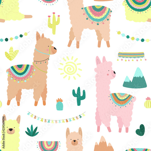 Seamless pattern of multicolored llamas or alpacas, mountains, cacti, garland and sun on a transparent background. Image for children, textile, clothes, cards, wrapping paper. Hand-drawn illustration.