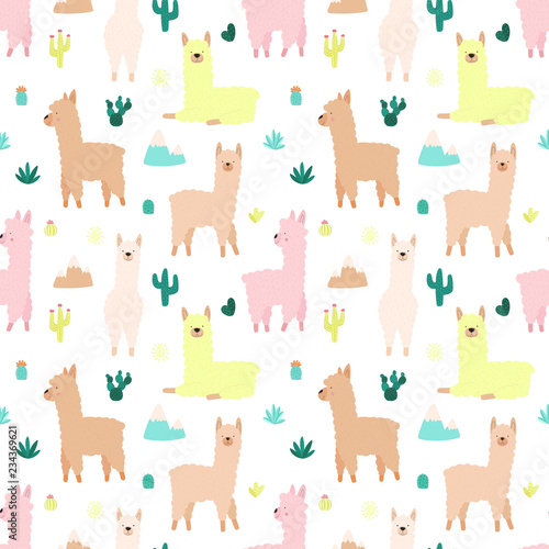 Fototapeta Naklejka Na Ścianę i Meble -  Seamless pattern of cute hand-drawn llamas or alpacas, mountains, cacti, garland, sun on a transparent background. Illustration for children, room, textile, clothes, cards, wrapping paper.