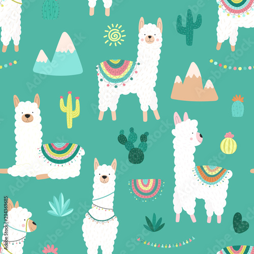 Seamless pattern of cute hand-drawn white llamas or alpacas, cacti, mountains, sun, garlands on a blue background. Illustration for children, room, textile, clothes, cards, wrapping paper.