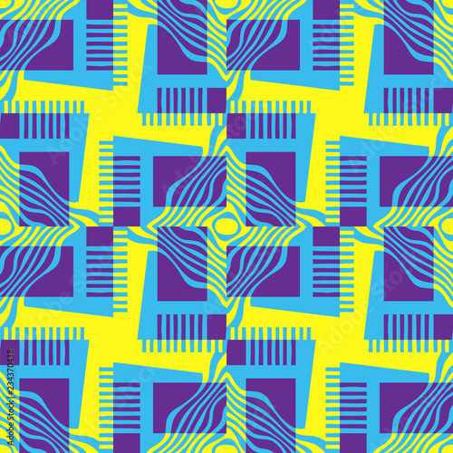 Seamless pattern of the yellow, blue and pink geometric figures on a white background. Pop art style.