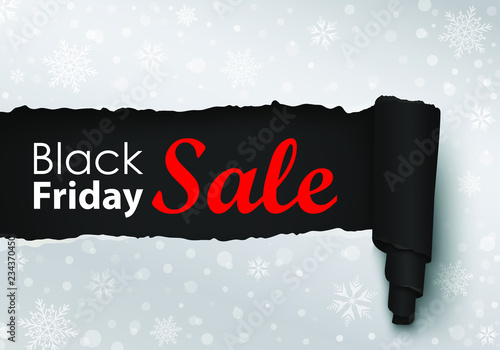 Black Friday sale banner in the realistic torn paper design. Detailed scroll. Winter sale background with snowflakes and snow. Vector illustration