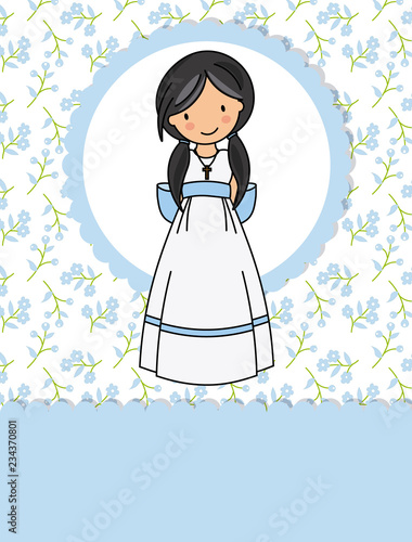 my first communion girl. Little girl in a communion dress and flower background