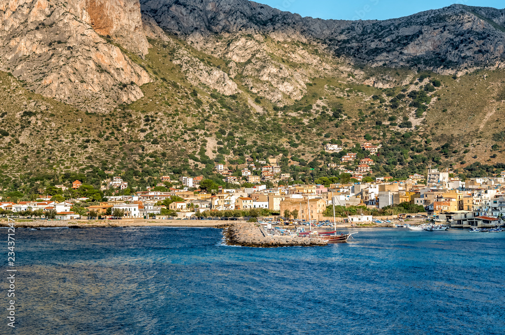 View of the Sferracavallo village located at the foot of the Capo Gallo Mount on the shore of Mediterranean sea in province of Palermo, Sicily