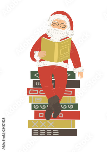 Cute Santa Clause reading book on stack of books photo