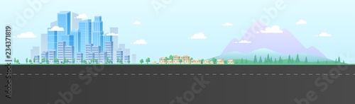 Urban landscape with large modern buildings and suburb with private houses on a background mountains and hills. Street, highway with cars. Concept city and suburban life.