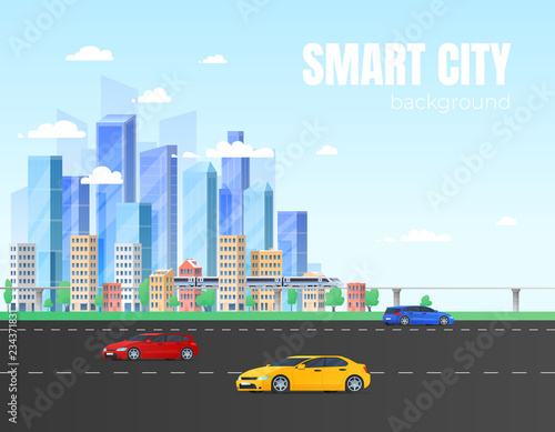 Urban landscape with large modern buildings and suburb with private houses on a background mountains and hills. Street, highway with cars. Concept city and suburban life.