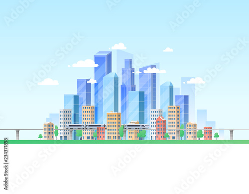 Urban landscape with large modern buildings and suburb with private houses on a background mountains and hills. Street, highway with cars. Concept city and suburban life.